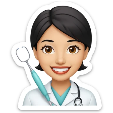 Chica dentista de piel morena clara con cabello negro medianamente largo muy sonriente  sticker