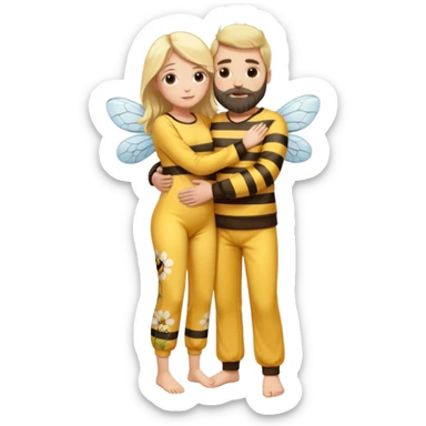 Grown up man with long dark brown long, white skin, medium beard, full body in cute bee pijama hugging a woman with blonde hair, white skin, dressed as a flower  sticker