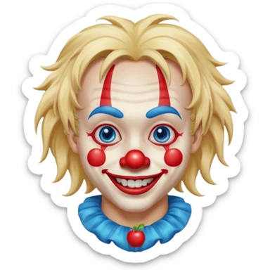 creepy clown boy with messy very long long blonde hair, blue eyes, make it more like an apple emoji sticker
