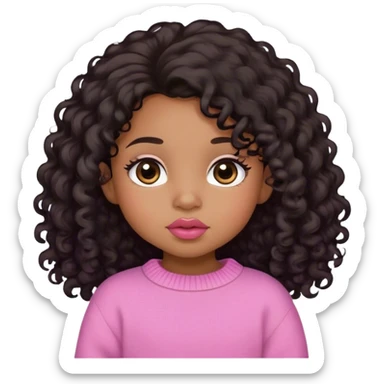 medium brown skin tone, very adorable toddler, with big plump lips, long long lashes, black curly long hair, brown eyes, pink sweater sticker
