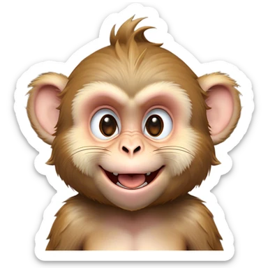 Cinematic Adorably Mischievous Macaque Portrait Emoji, Head tilted in a playful wink with an exaggerated, cheeky grin and a slightly raised eyebrow, featuring a compact, nimble build with fluffy fur and round, twinkling eyes brimming with mischief, Simplified yet irresistibly endearing features, highly detailed, glowing with a bright, joyful radiance, high shine, lively and quirky, stylized with an air of whimsical primate fun, soft glowing outline, capturing the essence of a mischievous macaque that seems ready to pull a playful face and scamper into your heart! sticker