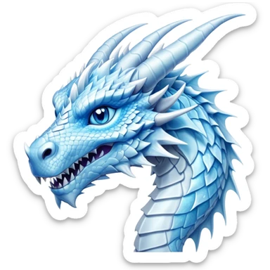 Cinematic Noble Beautiful Ice Dragon Portrait Emoji, Poised and majestic, with an ethereal, crystalline body adorned in intricately detailed scales of frosty blues and silvery whites reminiscent of glacial ice and delicate snowflakes, and piercing, cool eyes reflecting winter’s clarity; rendered with lifelike texture and subtle natural highlights, high shine, elegant and formidable, styled with an aura of chilling mythic beauty, focused and serene, soft glowing outline, capturing the essence of a legendary ice sovereign ready to glide gracefully out of the screen with timeless frosty allure! sticker