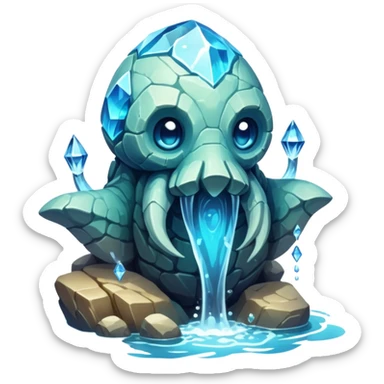 Design a unique elemental sandstone guardian golem creature that combines the crystalline rock golem's defensive fortitude with the spectral water serpent's fluid grace, perhaps creating a being with a segmented stone core that flows like water and channels ghostly aquatic energy through embedded gems. glowing like the abyss fish sticker