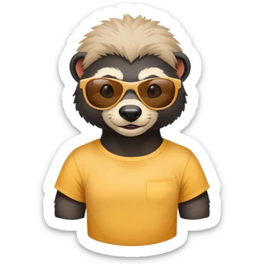 friendly anthropomorphised honey badger head and neck wearing sunglasses, top of t-shirt visible, different expression sticker