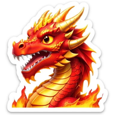 Cinematic Comical Fierce Fire Dragon Portrait Emoji, Head tilted dramatically with an exaggeratedly amused expression, featuring a striking, flame-draped body with bold, blazing scales in intense red and molten gold, and eyes twinkling with fiery mischief; rendered with vivid, lifelike textures and dynamic, flickering shadows, high shine, dramatic yet playful, styled with an air of cheeky volcanic mischief, soft glowing outline, capturing the essence of a spirited and over‐the‐top inferno that looks ready to burst into a cascade of playful embers! sticker