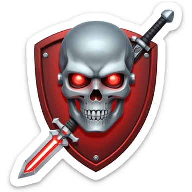 Sci-fi shield badge, terminator style skull, glowing red eyes, crossed futuristic light sable and energy sword, no background sticker