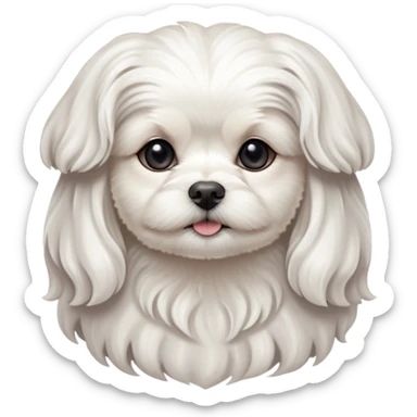 Cinematic Noble Wavy-Haired Maltese dog Portrait Emoji, Poised and regal, with a delicate, compact build and a pristine, wavy-haired white coat that cascades in gentle curls, deep-set soulful dark eyes, Simplified yet sharp and sophisticated features, highly detailed, glowing with a soft, dignified glow, high shine, intelligent and gentle, stylized with an air of refinement, focused and attentive, soft glowing outline, capturing the essence of a watchful and graceful companion, so majestic it feels as though it could prance out of the screen with effortless authority! sticker