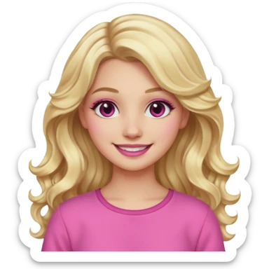 blonde girl, long wavy hair, pink clothes, trendy heavy makeup, smiling sticker