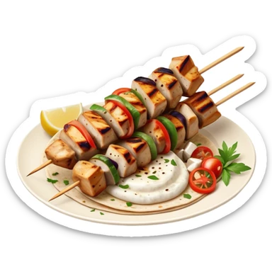 cinematic-realistic-souvlaki-dish-emoji,-showcasing-skewered,-2 grilled-chicken-with-mediterranean-spices-rendered-with-dynamic-textures-and-warm,-appetizing-lighting on pita bread on a plate sticker
