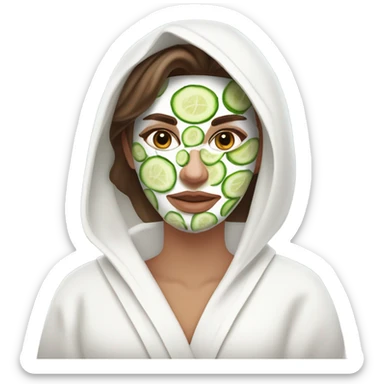 White girl with Brown hair and blue eyes wears a Green colored skincare clay textured mask and puts on cucumbers around her eyes while She relaxes in her white Robe sticker