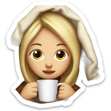 girl inside a blanket sipping coffee eyes closed and blonde hair  sticker