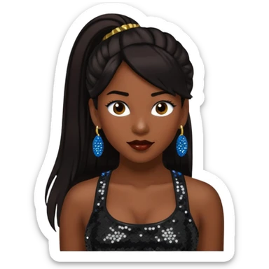 Chilli from TLC with long dark brown ponytail hair, black sequin crop top, black earring, dark skin sticker