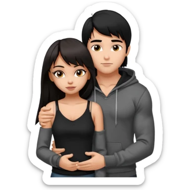 generate a pretty bratz girl in black cami top, dark brown straight long hair with bangs, eyeliner on, 

hugging a handsome muscular boy with black hair and a grey hoodie sticker
