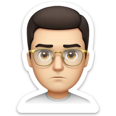 Square-faced man with thick eyebrows, short dark hair with faded sides, slight scruff, serious expression, large square gold-rimmed glasses sticker