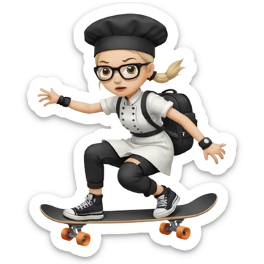 ["An angry woman with light skin, ponytail, wearing a chef hat and square glasses, dressed in goth fashion, is skateboarding while holding a backpack."] sticker