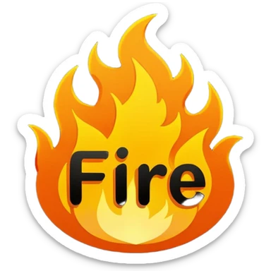 small flame icon emoji with the word 'FIRE' in bold comic-style letters in the center, thick black outline, vibrant orange and yellow, designed for chat reactions and YouTube memberships sticker