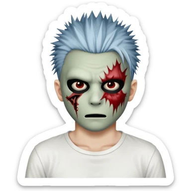 zombie boy with spiky emo hair and white shirt emoji and 

He wears an anonymous mask on half his face and has wounds on the other half. sticker