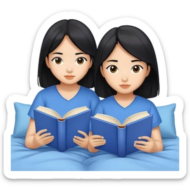 two asian girls black hair on the bed reading blue books sticker