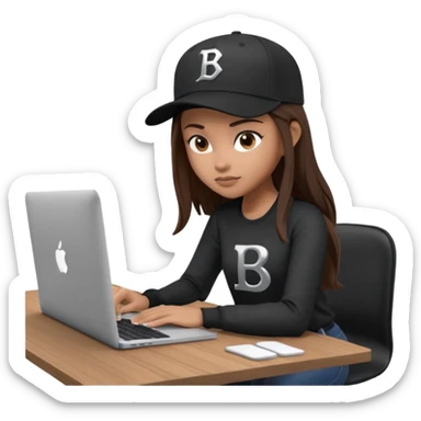 A professional 3D avatar of a young woman with light brown skin and long, dark brown hair, wearing a dark, long-sleeved shirt and a black baseball cap with a prominent white 'B' logo. She's sitting at a sleek wooden desk, typing on a silver MacBook. sticker