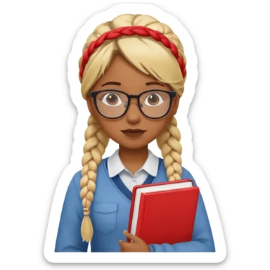 A student, girl, brown skin, braid blonde hair, wearing glasses, hold red book in front of their chest sticker