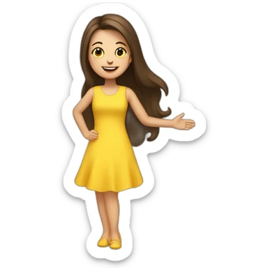 Brunette very happy girl with long hair shake her hand for say hi! to someone. She is wearing a yellow dress sticker