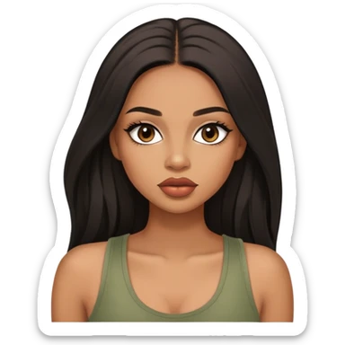 light brown skin tone, very beautiful woman, with big plump lips, long long lashes, black straight long hair, brown eyes, sage tank top sticker