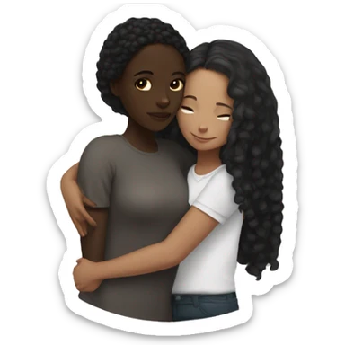 Black girl with dark brown hair hugging a white girl with black hair  sticker