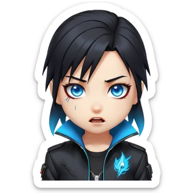 Black hair cyberpunk 2077 chibi girl with blazing blue eyes and black jacket. All emotion reactions sticker