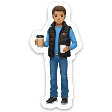 full body man with plain black puffy winter vest with no pockets over long sleeved shirt wearing straight levi boot cut levi blue jeans with no cuffs and tennis shoes holding coffee mug in his hand sticker