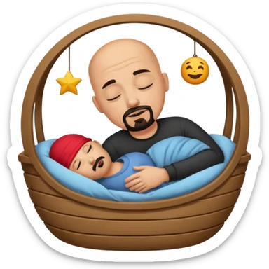 a bald, tan man who has a black goatee sleeping in a cradle sticker