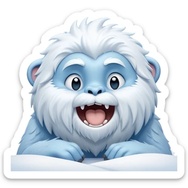 Cinematic Cute Yawning Yeti Portrait Emoji, with a charming, fluffy, snow-dusted figure in gentle whites and cool blues, head tilting back in a wide, endearing yawn with softly closed, peaceful eyes and a content little smile, simplified yet irresistibly adorable, highly detailed with a soft, frosty glow and outline capturing the serene slumber of a yeti! sticker