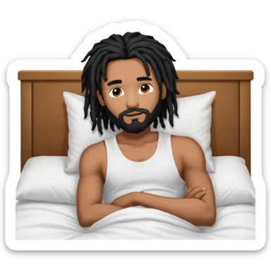 African American man with shoulder length black dreadlocks with black beard wearing a men's white tank top shirt waking up in the bed sticker