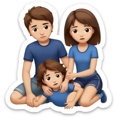 boy with messy brown hair and short putting his foot on a kneeling girl's head sticker