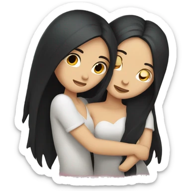 A lesbian couple with white skin and long black hair hugging intimately sticker