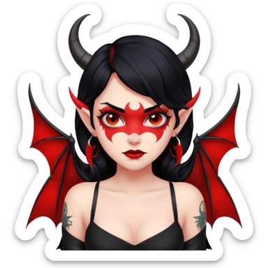Demon girl, entire skin solid red, black hair, horns, bat wing, black dress, tattoo-flash comic. sticker