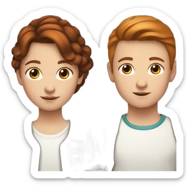 White young girl with dark copper-colored hair tied back with a white young boy with brown hair sticker