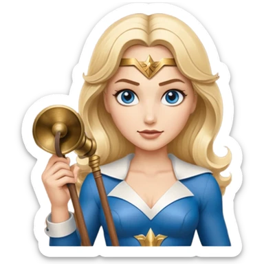 Blonde blue eyes Wonder Woman holding bell and short white orchestra conductor’s baton  sticker