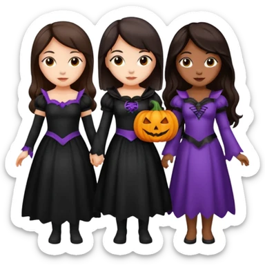 Three best girlfriends cute Halloween with dark brown hair. One African-American, one Asian, one Caucasian. sticker