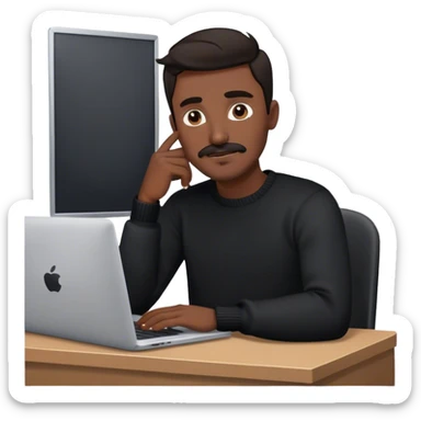 **"Apple-style memoji of a man with dark hair, black eyes, slight beard and mustache, wearing a black sweater. He sits at his desk with a laptop in hand, minimalistic and modern."** sticker