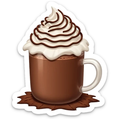 “hot chocolate emoji, whipped cream on top, chocolate shavings, cute, minimal, white background” sticker