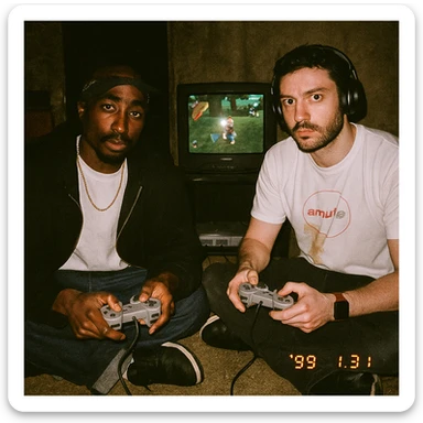Create a grungy analog photo in 1999 style featuring a rapper in Tupac style (not recognizable) and the boy from the reference photo sitting on the floor. There is a 90s CRT TV with Ape Escape on Playstation 1 in a dimly lit room. Both hold Playstation 1 controllers and look at the camera with flash, creating a retro atmosphere. sticker