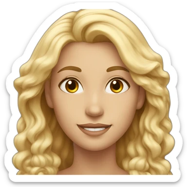 a beautiful woman, in the representation of the One who loves God, has a big smile, stares at the camera in front of her, her hair is blond and long sticker