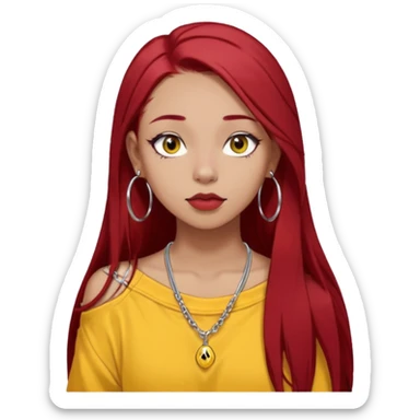 generate a pretty bratz girl with dark brown eyes. Dark long red hair straight long. wearing a yellow oversized tee falling off her shoulder, dainty silver necklace, silver hoops, septum piercings. big eyeliner sticker