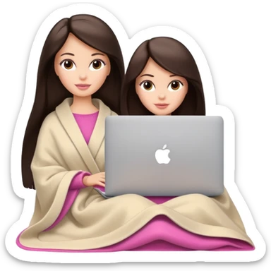 Barbie girl with a long straight dark brown hair inside a pale beige blanket working macbook  sticker