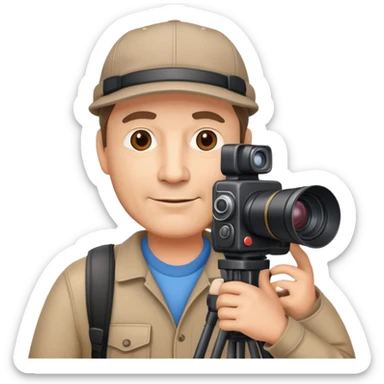 middle age male film producer with cap and professional camera sticker