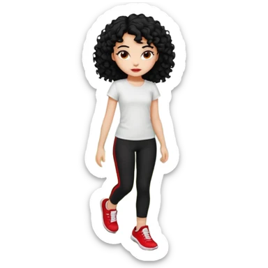 generate a pretty bratz fair skinned girl with curly black hair wearing a white tshirt trekking on a hill with red sneakers on and black leggings.  Put a hill behind her sticker
