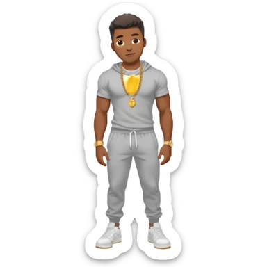 Handsome Black guy with brown skin tone, with muscular build, wearing gray sweatpants, a white t-shirt, white Air Force Ones sneakers, a small gold rope chain, and a gold watch  sticker