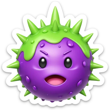 A cute but grumpy 3D render icon of a virus. A spherical shape covered in rounded mushroom-like spikes. Glossy plastic material, cartoonish style. Color palette: bright slime green and purple spikes. Soft studio lighting. Isolated on a solid light background. Minimalist design. sticker