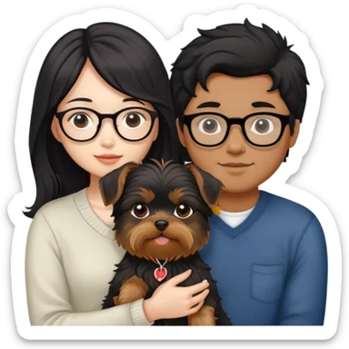 A couple holding a small Yorkshire Terrier together. The girl is Asian with long, luscious wavy black hair (loose, no hair tie). She is next to her boyfriend, a brown-skinned man wearing glasses with a korean haircut sticker