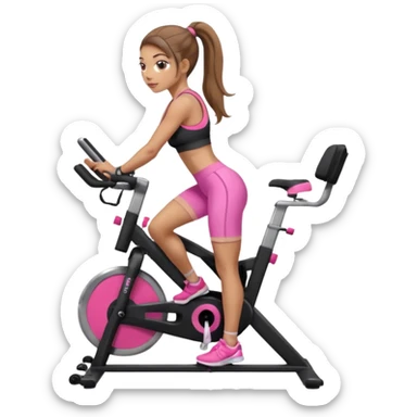 Light skin girl with long light brown hair in a pony tail, black workout set leaning on a indoor spin bike with NO HELMET, can we add a pink sports bra  sticker